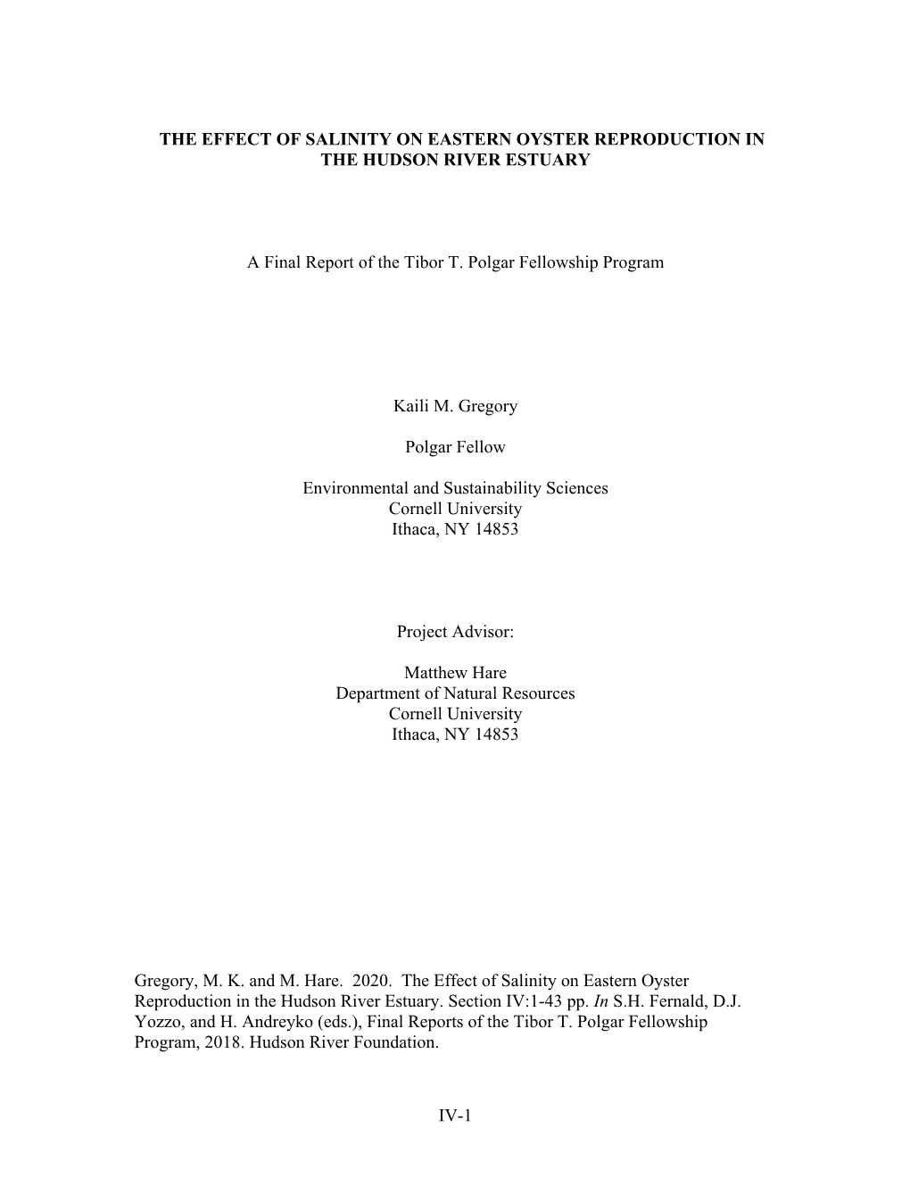 The Effect of Salinity on Eastern Oyster Reproduction in the Hudson River Estuary