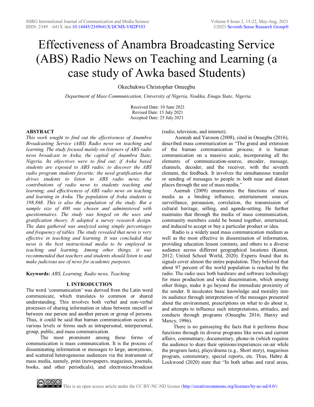 ABS) Radio News on Teaching and Learning (A Case Study of Awka Based Students