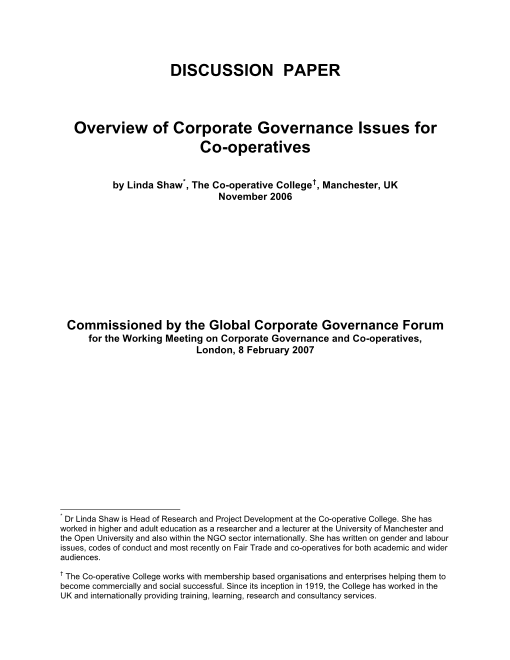 Overview of Corporate Governance Issues for Co-Operatives