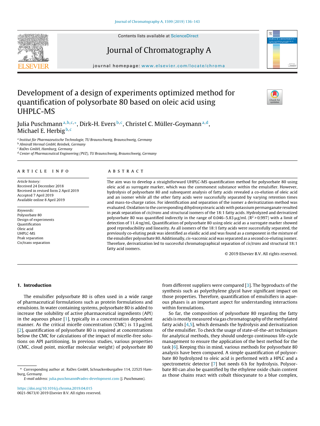 Journal of Chromatography A, 1599 (2019) 136–143