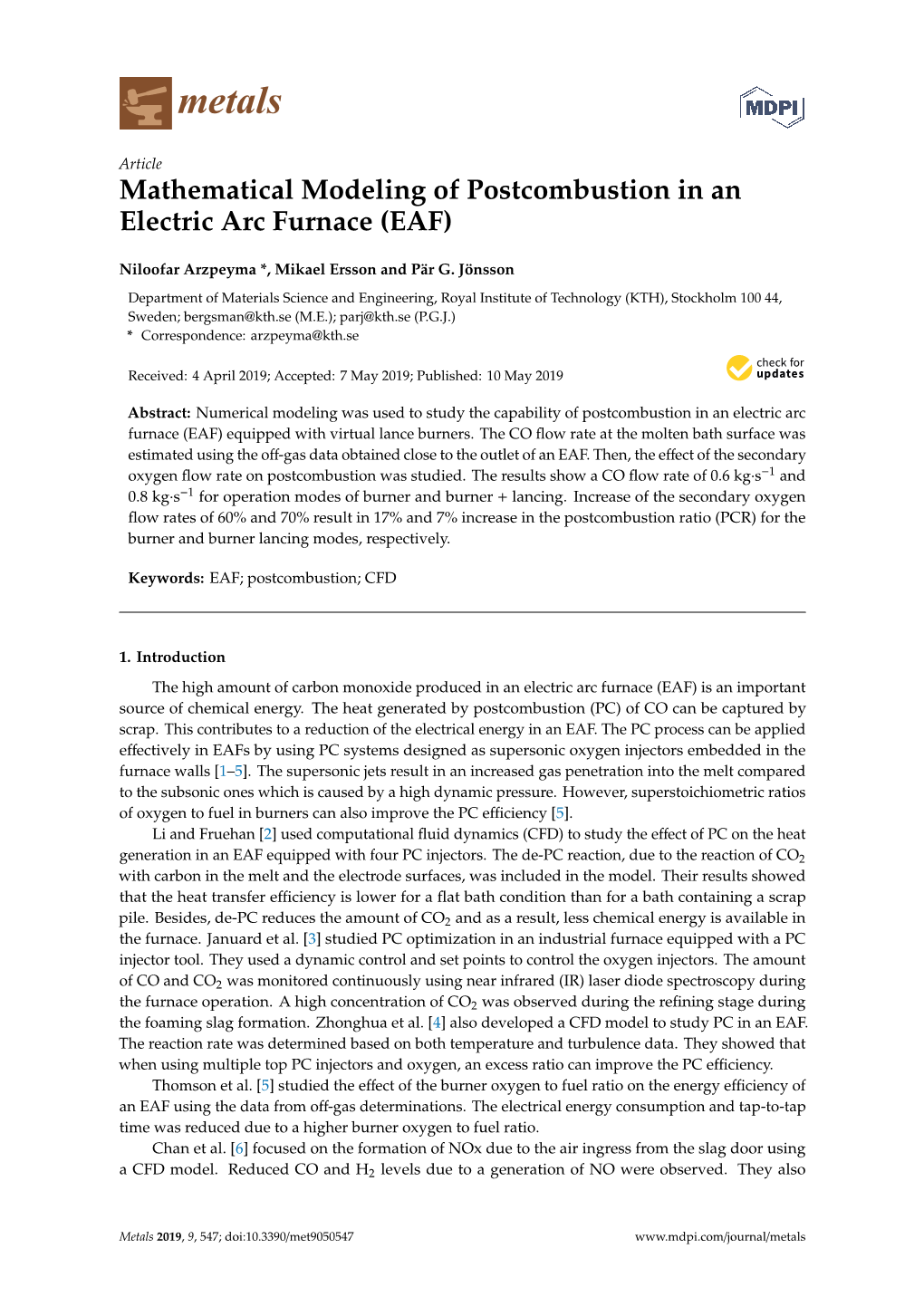 Mathematical Modeling of Postcombustion in an Electric Arc Furnace (EAF)