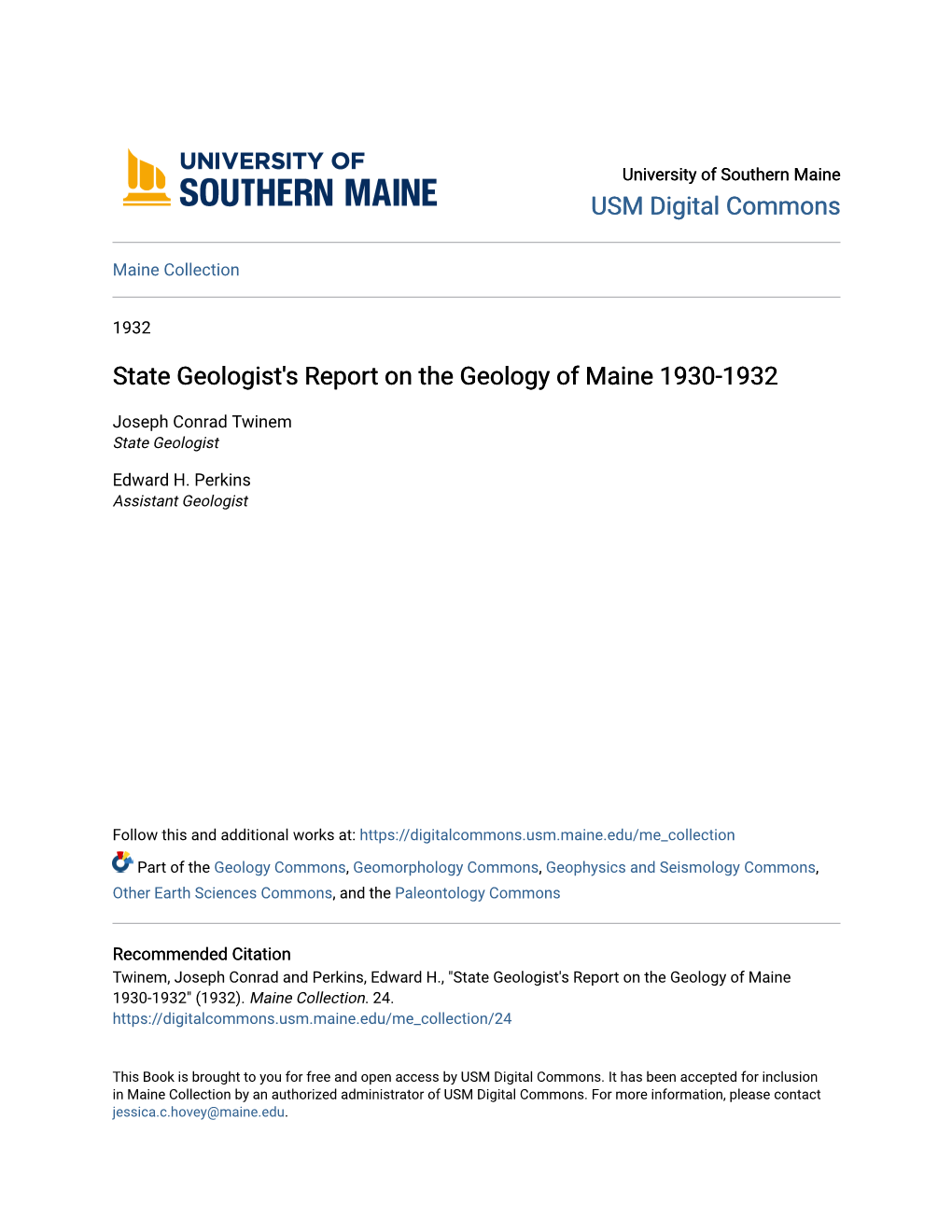 State Geologist's Report on the Geology of Maine 1930-1932