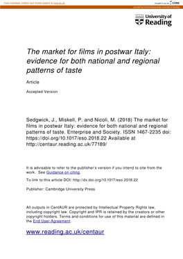 The Market for Films in Postwar Italy: Evidence for Both National and Regional Patterns of Taste