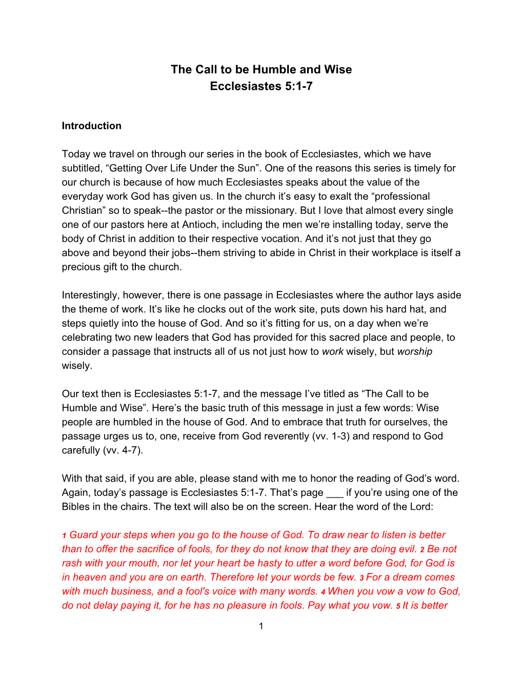 The Call to Be Humble and Wise Ecclesiastes 5:1-7