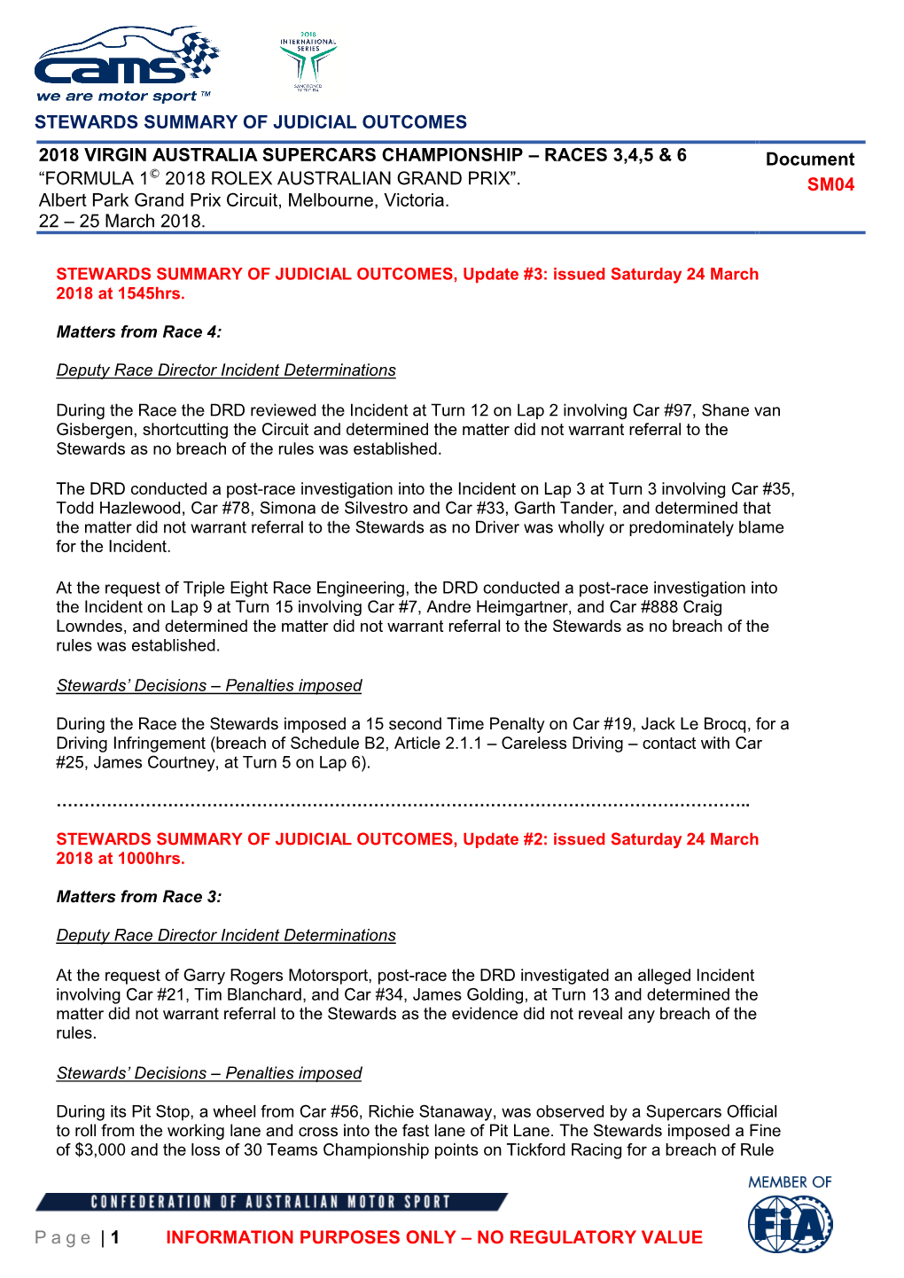 STEWARDS SUMMARY of JUDICIAL OUTCOMES Page