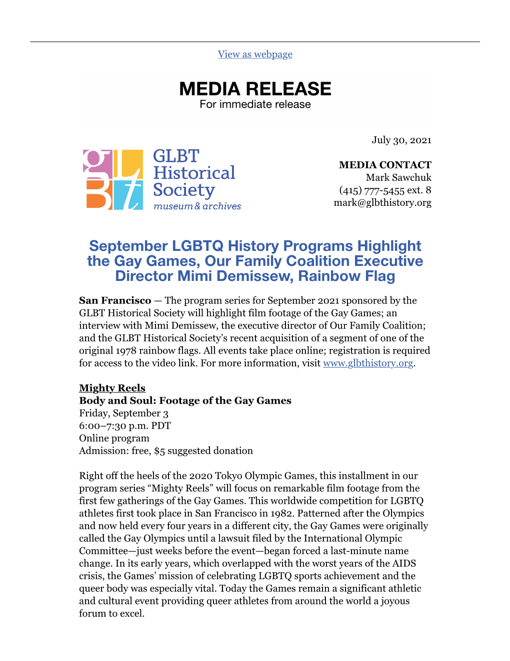 September 2021 Programs by the GLBT Historical Society