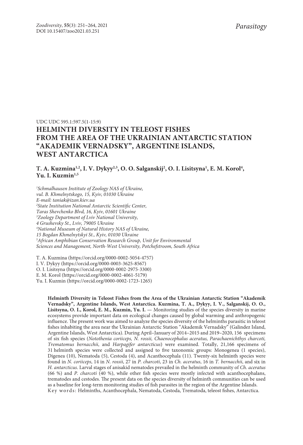 Helminth Diversity in Teleost Fishes from the Area of the Ukrainian Antarctic Station “Akademik Vernadsky”, Argentine Islands, West Antarctica