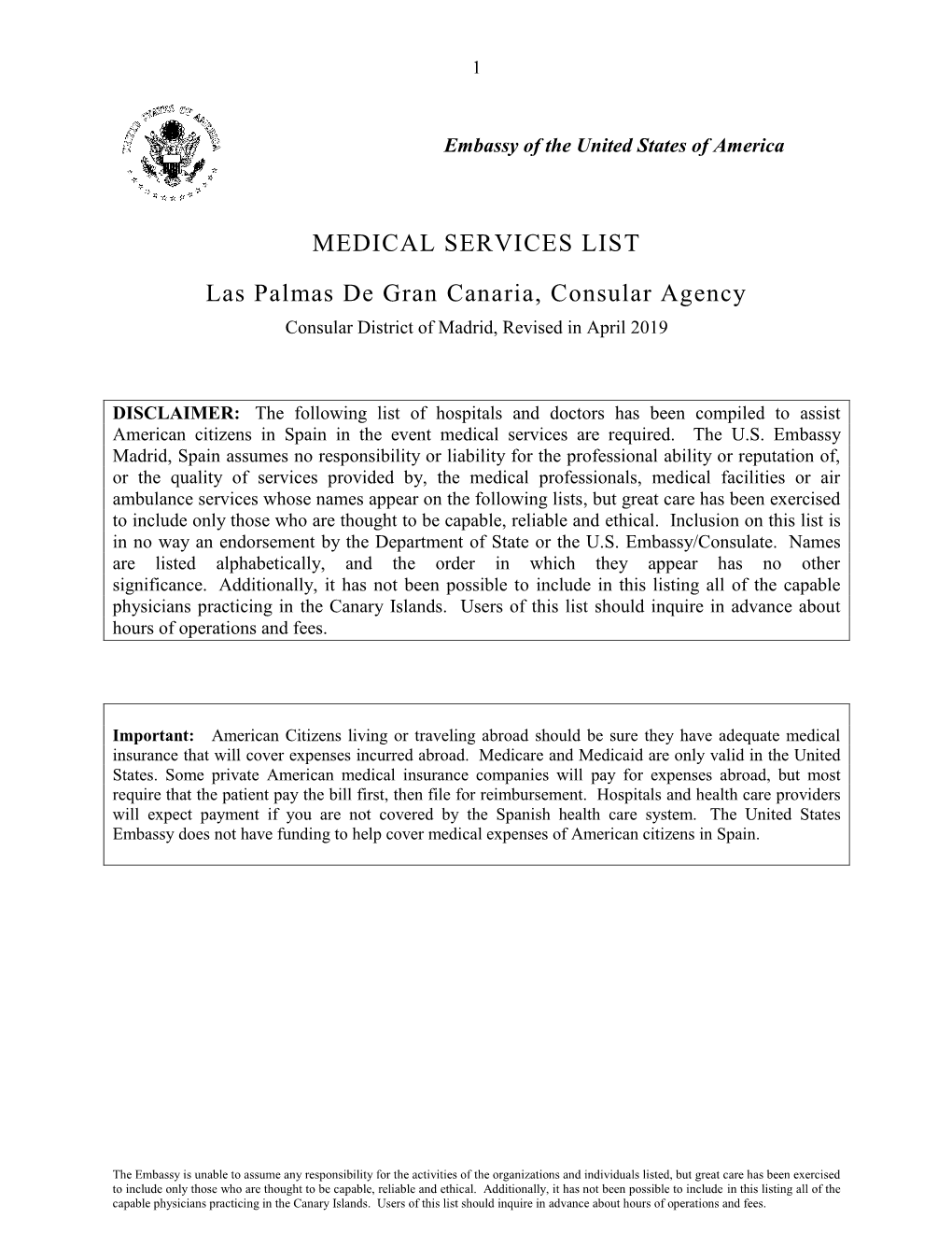 MEDICAL SERVICES LIST Las Palmas De Gran Canaria, Consular