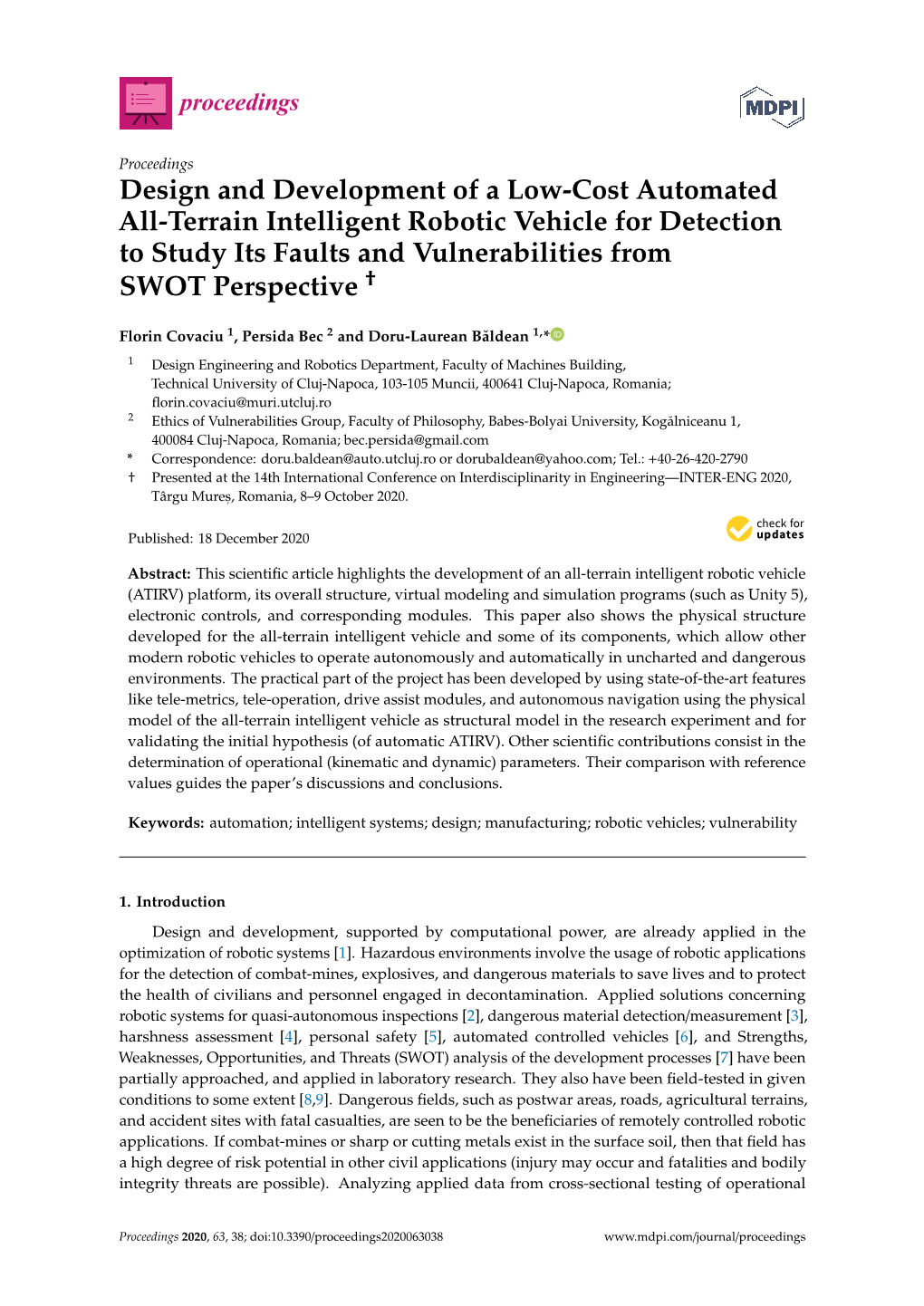 Design and Development of a Low-Cost Automated All-Terrain Intelligent Robotic Vehicle for Detection to Study Its Faults and Vulnerabilities from † SWOT Perspective