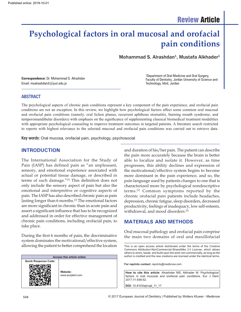 Psychological Factors in Oral Mucosal and Orofacial Pain Conditions