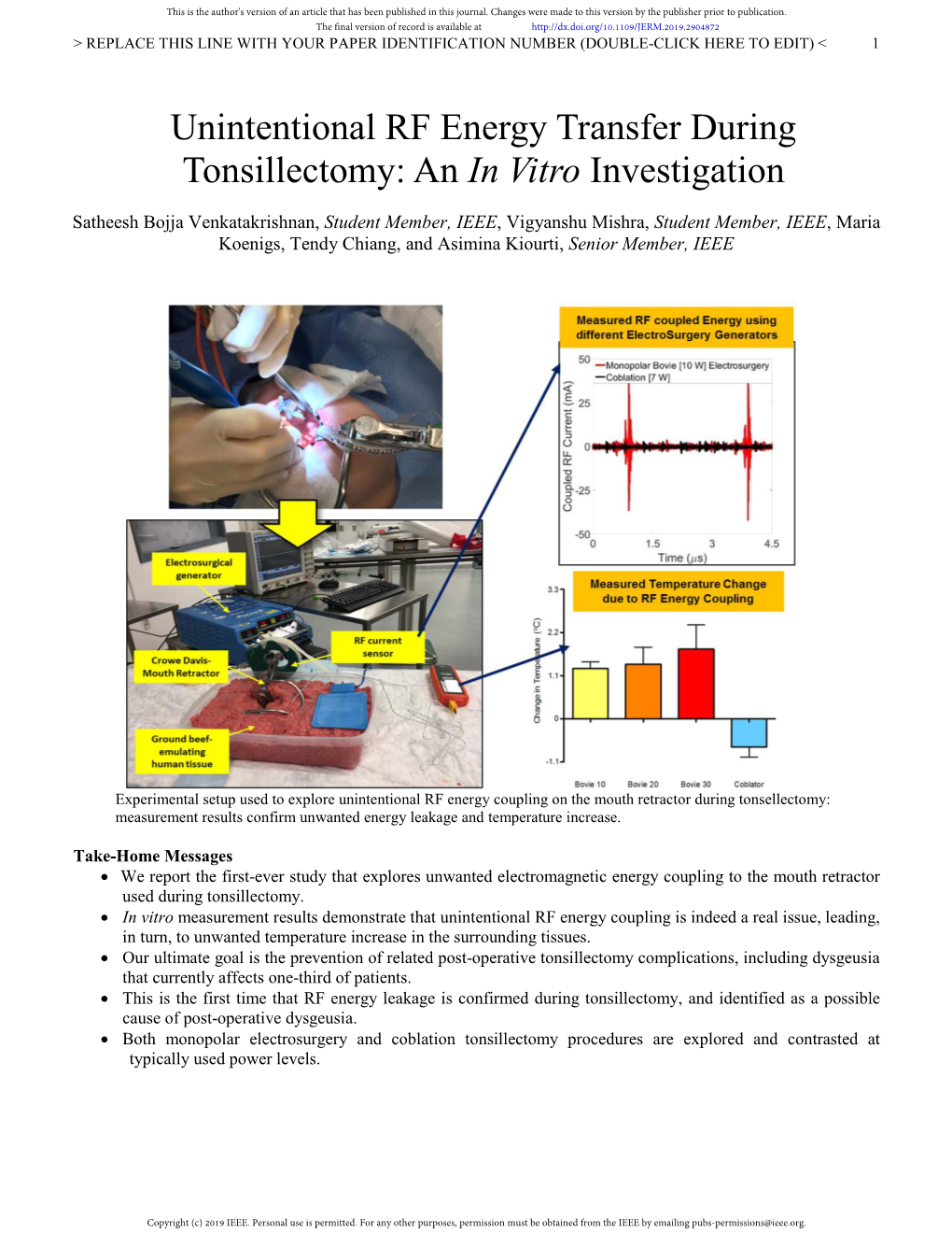 Unintentional RF Energy Transfer During Tonsillectomy: an in Vitro Investigation