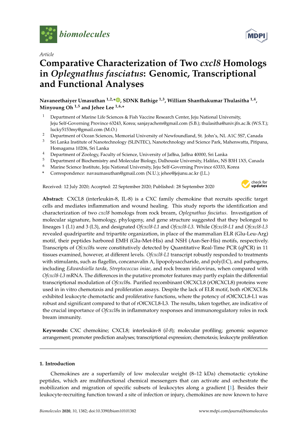 Comparative Characterization of Two Cxcl8 Homologs in Oplegnathus Fasciatus: Genomic, Transcriptional and Functional Analyses