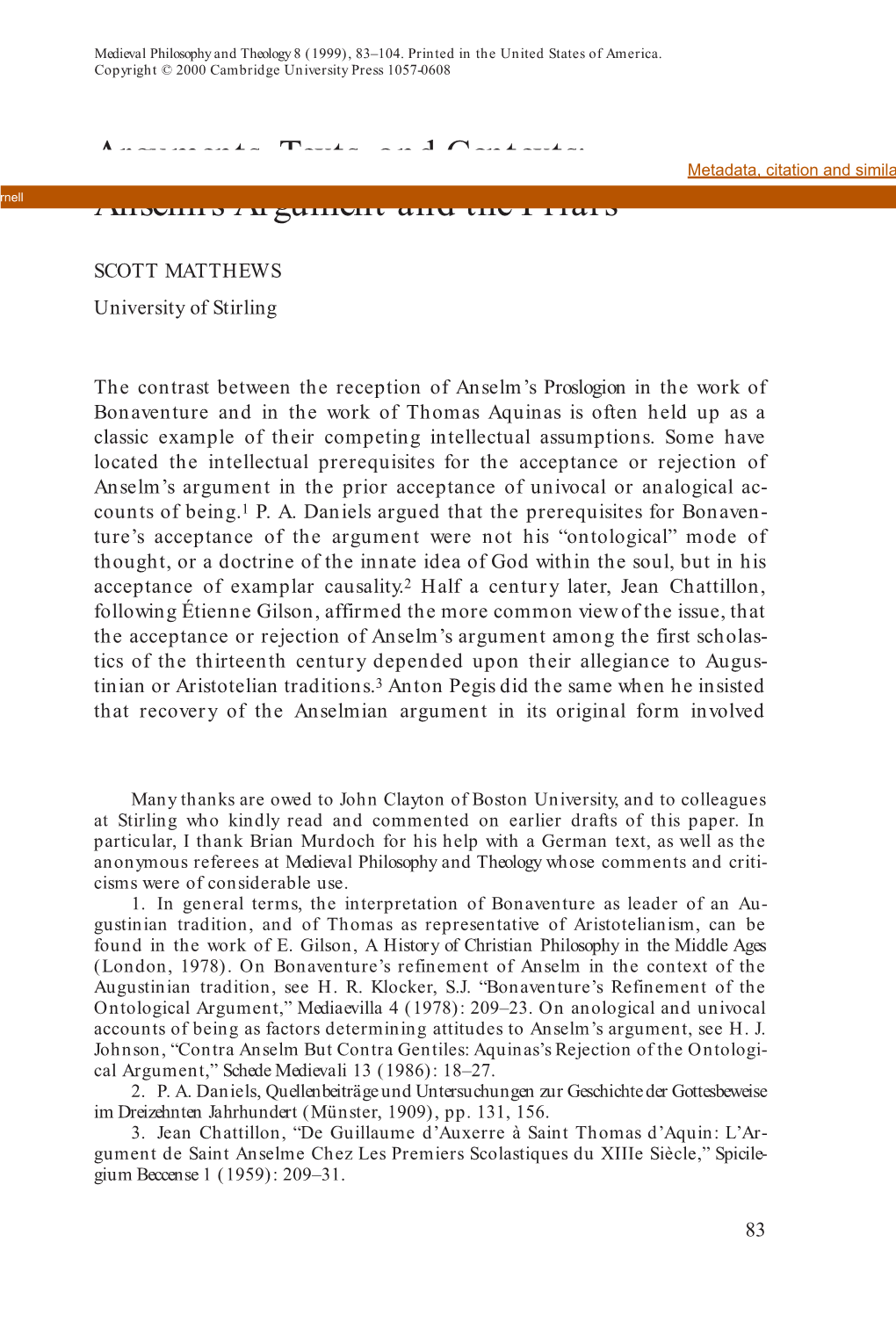 Arguments, Texts, and Contexts: Metadata, Citation and Similar Papers at Core.Ac.Uk Provided by Ecommons@Cornell Anselm’S Argument and the Friars