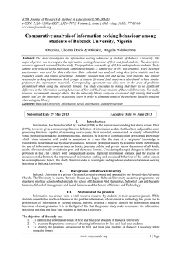 Comparative Analysis of Information Seeking Behaviour Among Students of Babcock University, Nigeria