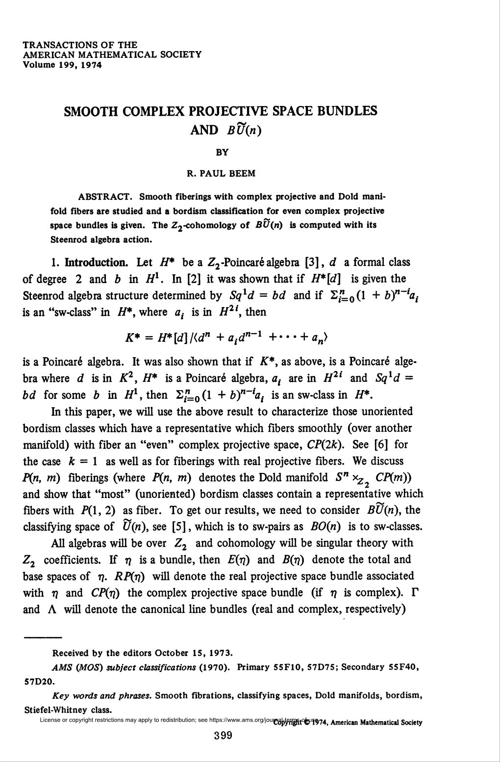 SMOOTH COMPLEX PROJECTIVE SPACE BUNDLES and BU(N) 401