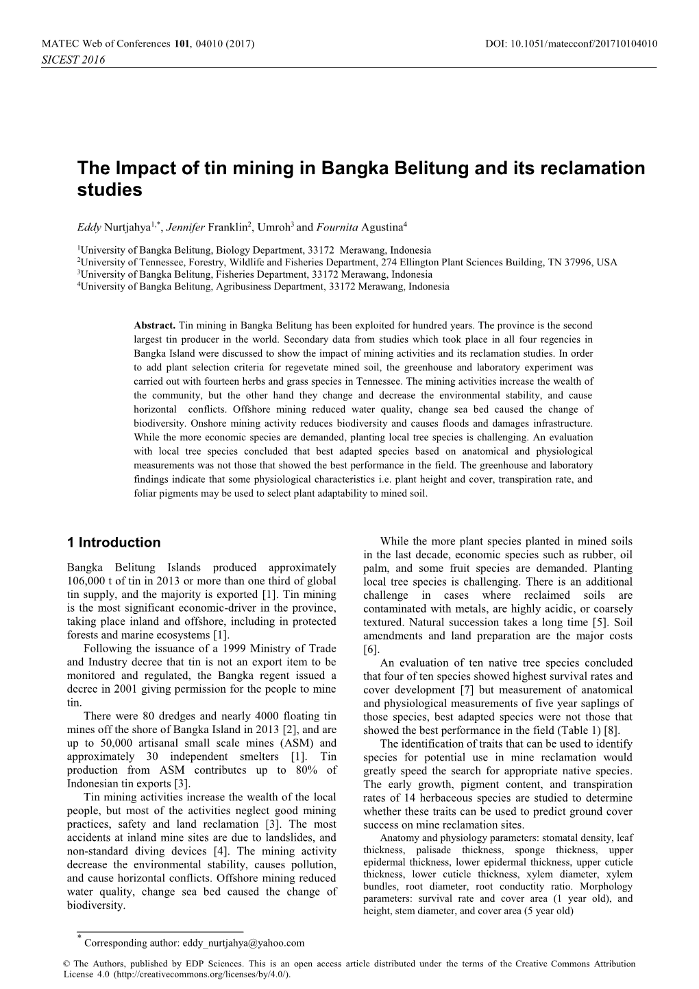 The Impact of Tin Mining in Bangka Belitung and Its Reclamation Studies