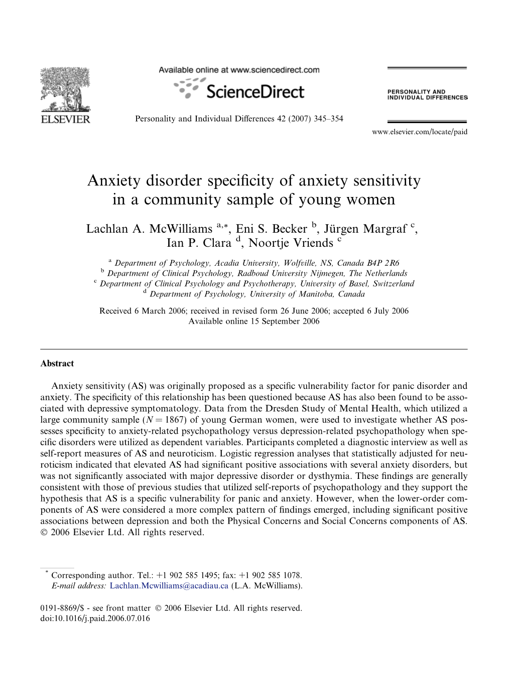 Anxiety Disorder Specificity of Anxiety Sensitivity in a Community Sample Of