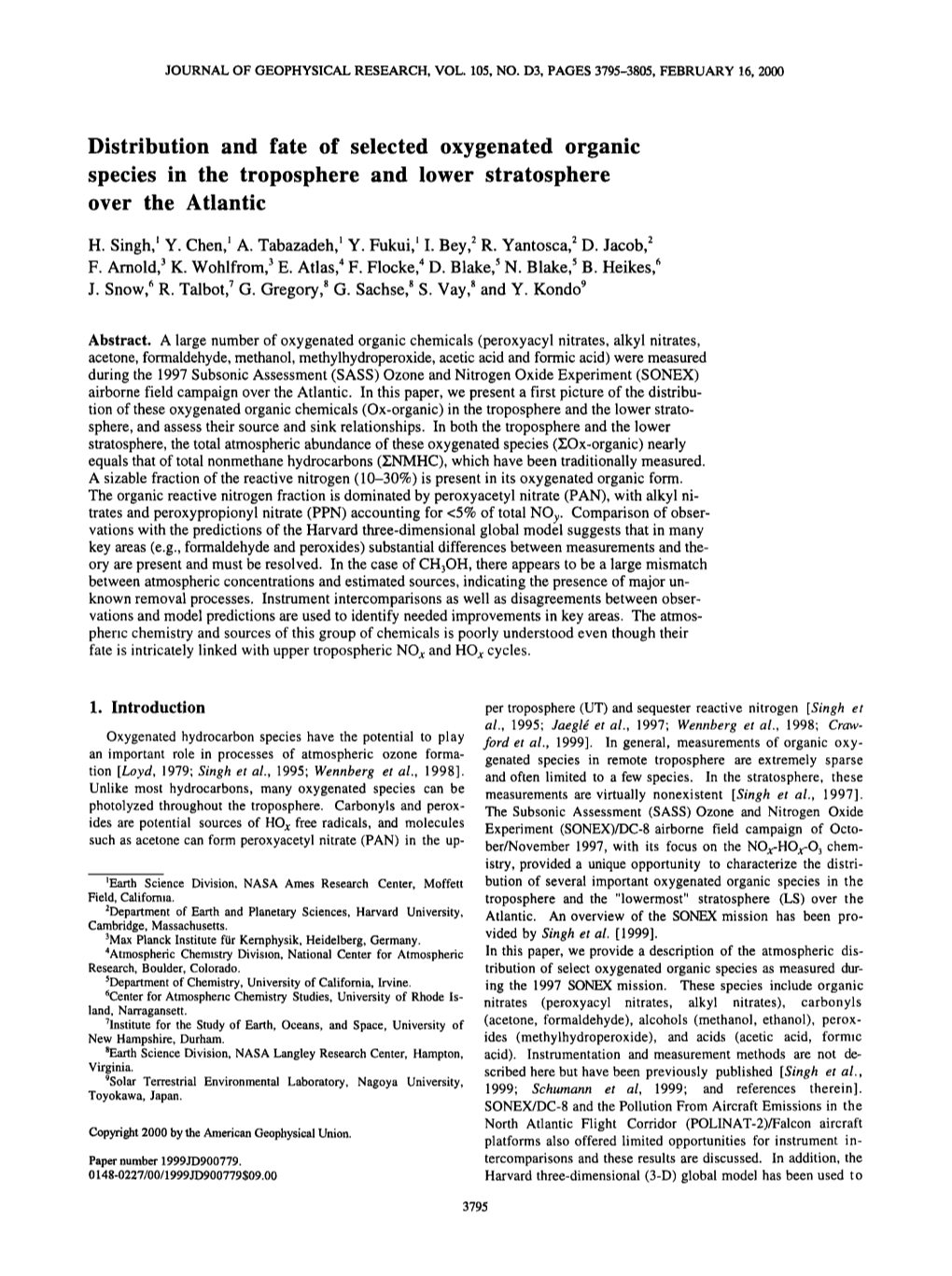 Distribution and Fate of Selected Oxygenated Organic Species in the Troposphere and Lower Stratosphere Over the Atlantic