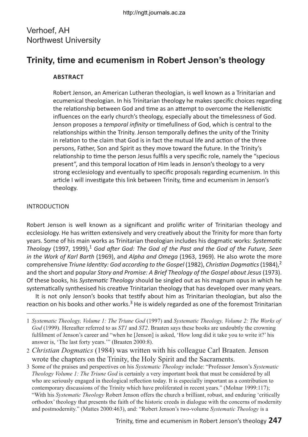 Trinity, Time and Ecumenism in Robert Jenson's Theology