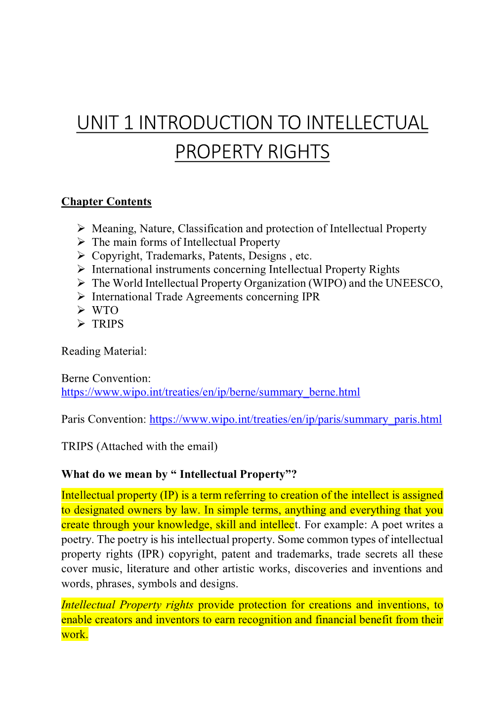 Unit 1 Introduction to Intellectual Property Rights