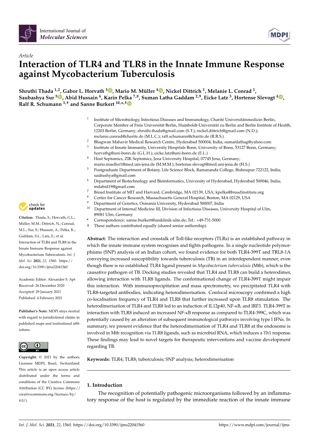 Interaction of TLR4 and TLR8 in the Innate Immune Response Against Mycobacterium Tuberculosis