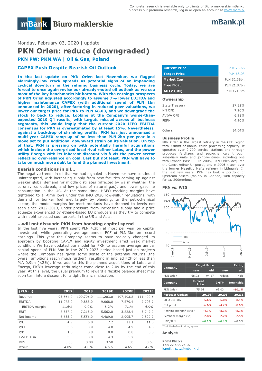 PKN Orlen: Reduce (Downgraded) PKN PW; PKN.WA | Oil & Gas, Poland