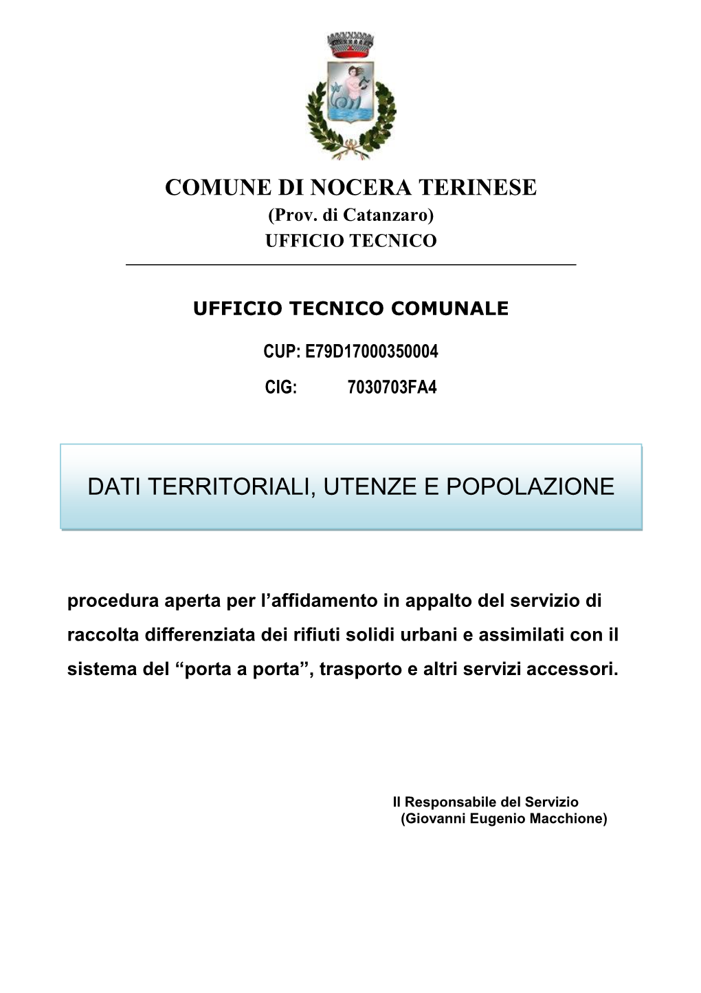 Comune Di Nocera Terinese Dati Territoriali, Utenze E