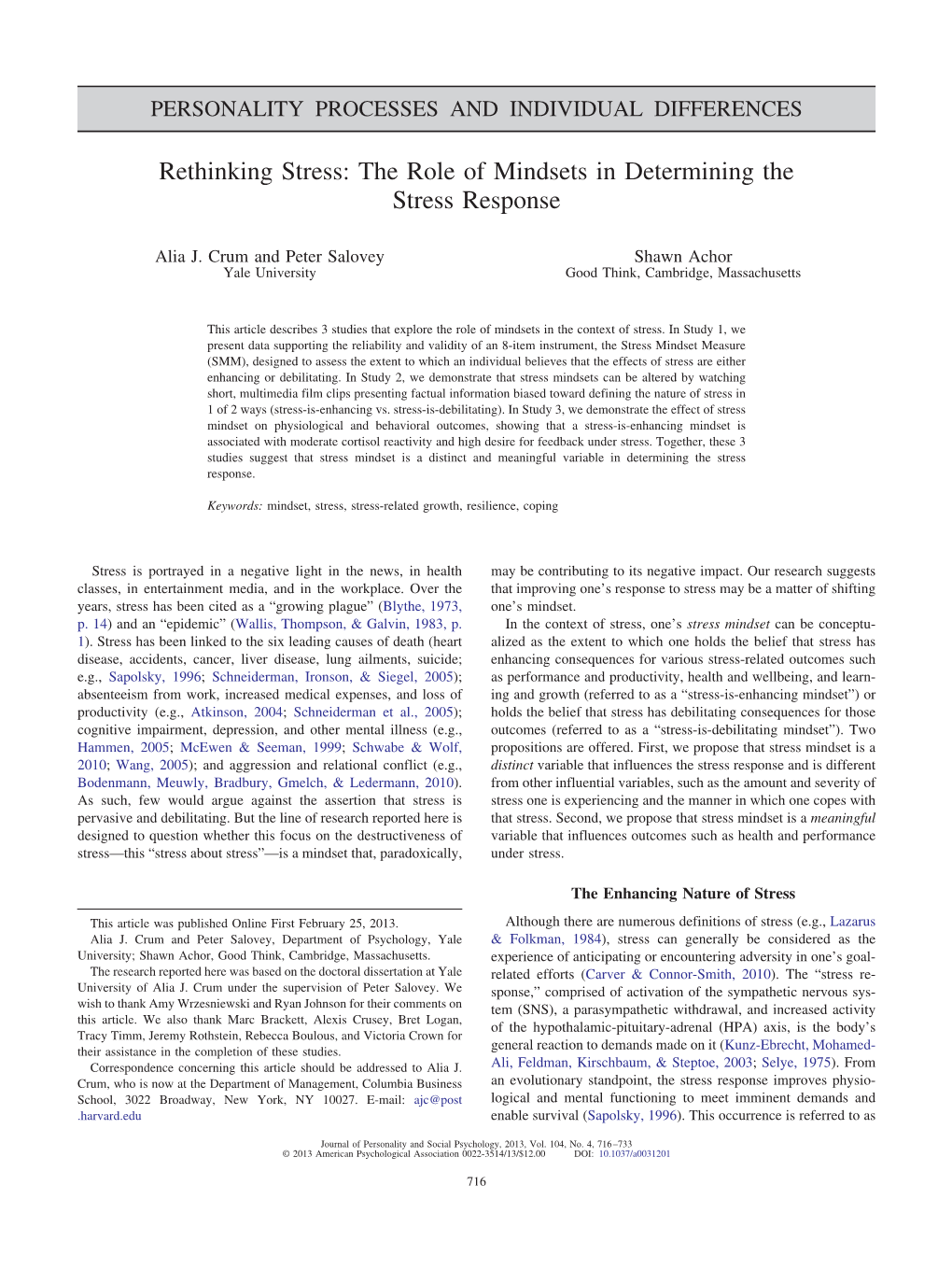 The Role of Mindsets in Determining the Stress Response