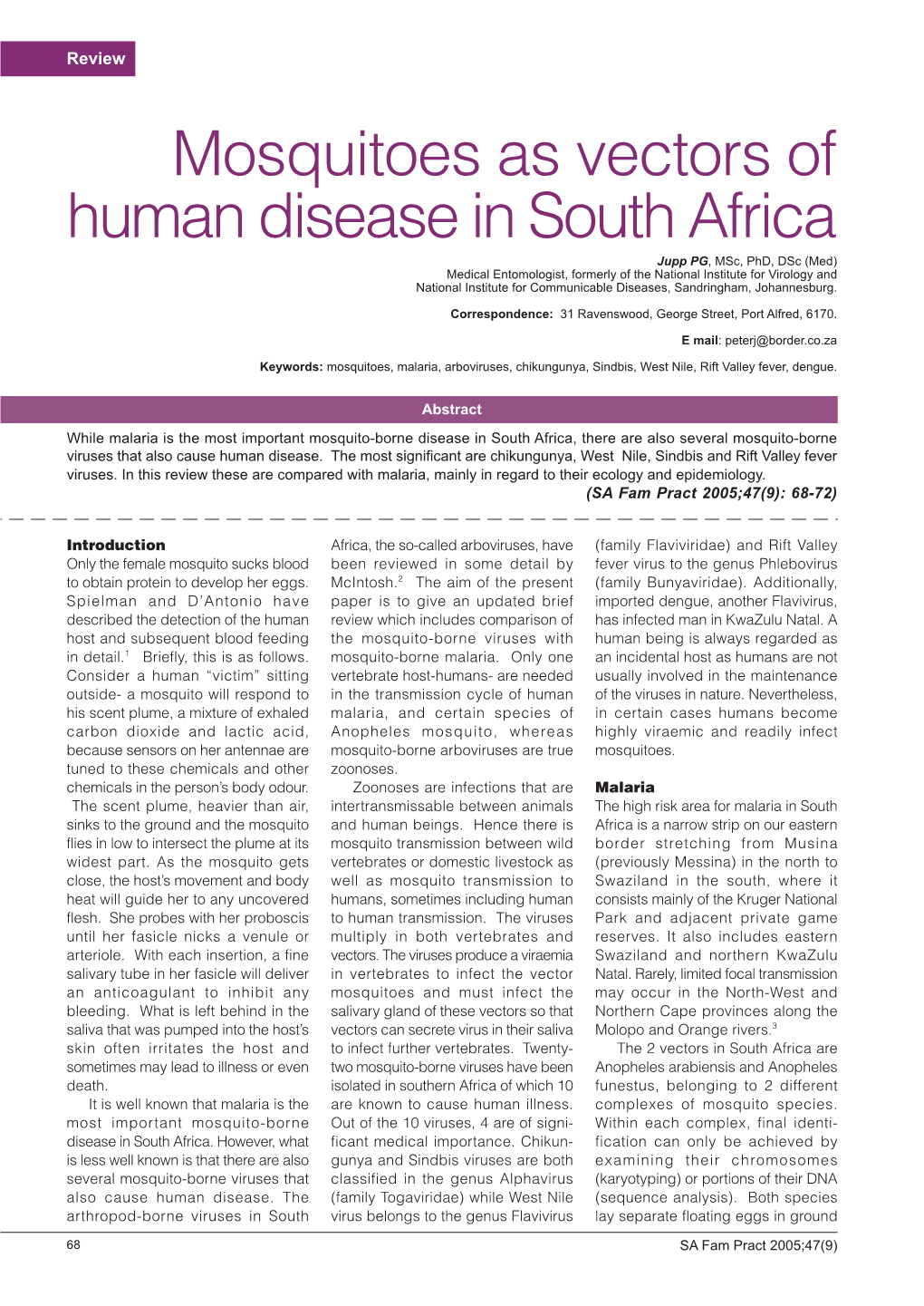 Mosquitoes As Vectors of Human Disease in South Africa