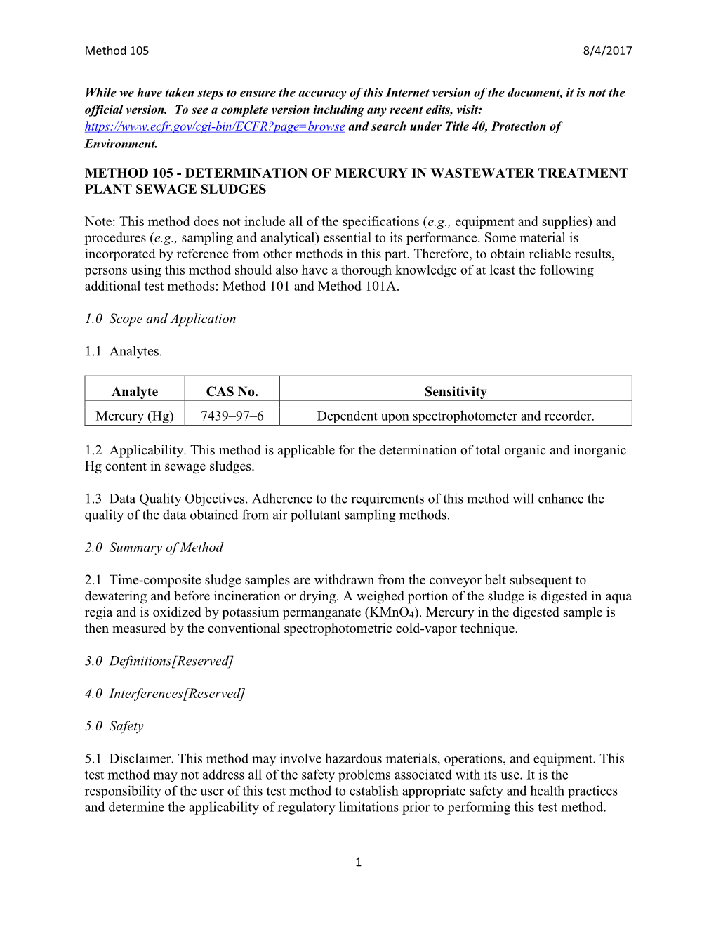 Method 105 Determination of Mercury in Wastewater Treatment Plant