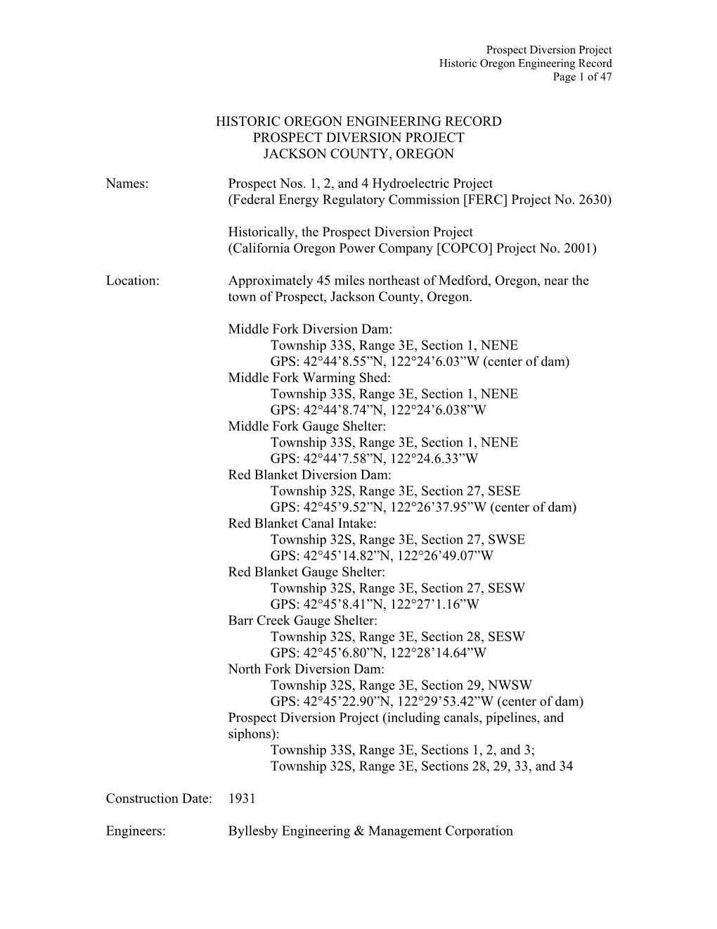 Historic Oregon Engineering Record Page 1 of 47