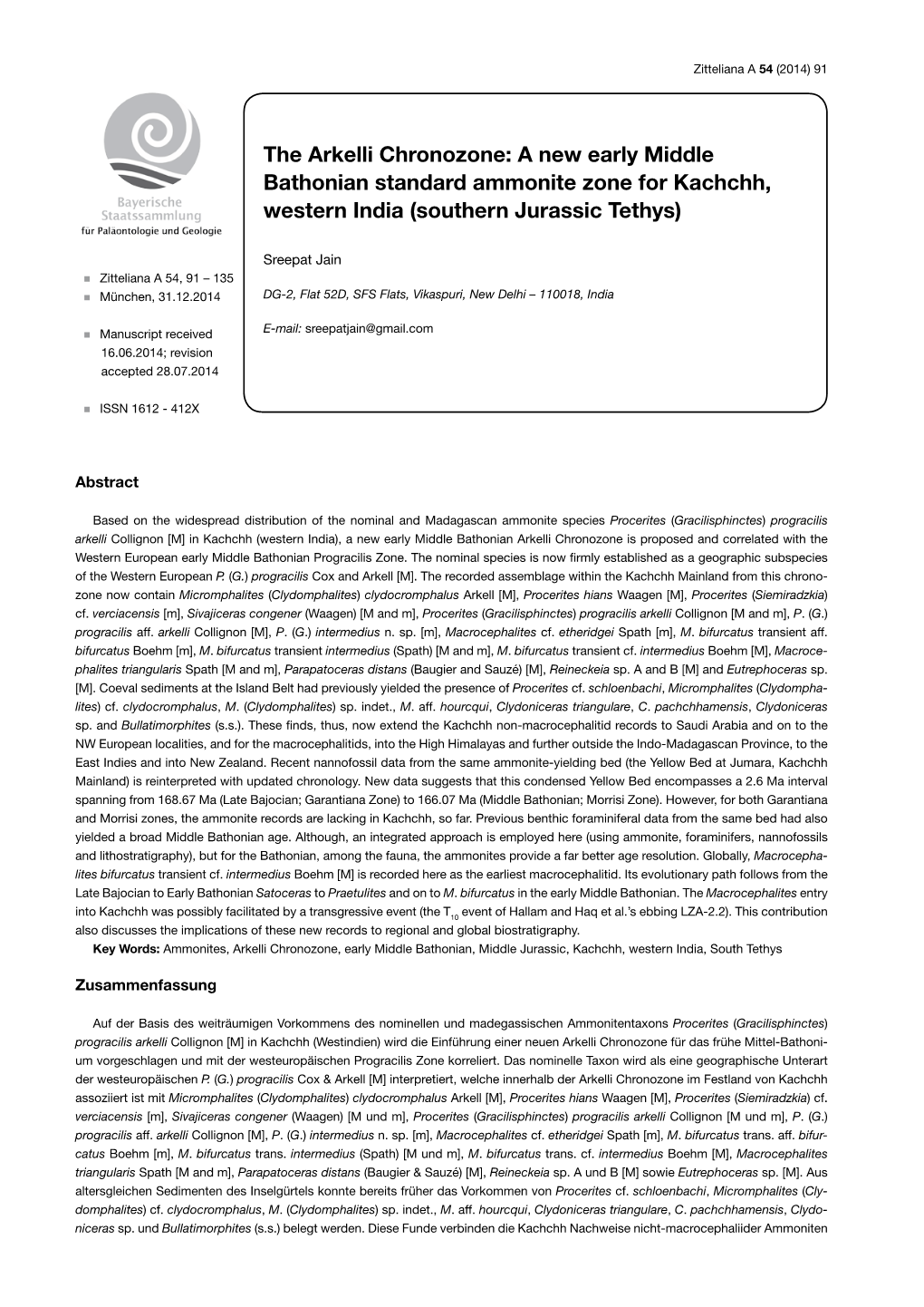 The Arkelli Chronozone: a New Early Middle Bathonian Standard Ammonite Zone for Kachchh, Western India (Southern Jurassic Tethys)