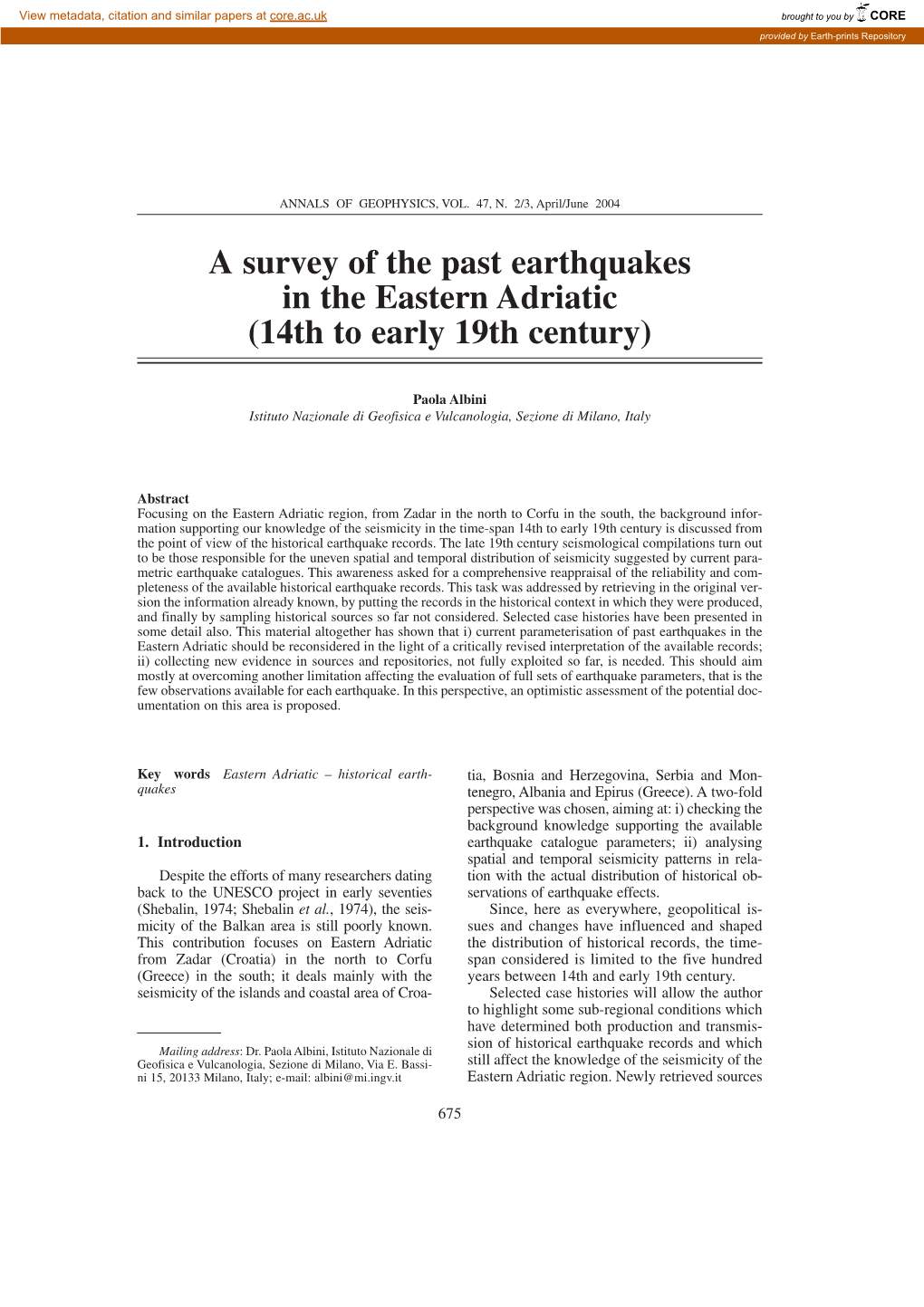 A Survey of the Past Earthquakes in the Eastern Adriatic (14Th to Early 19Th Century)