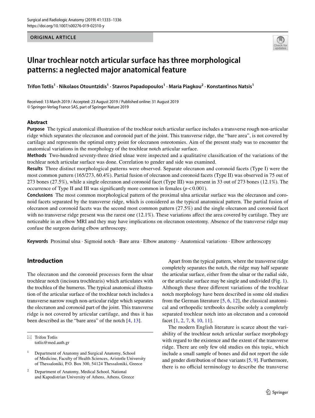 Ulnar Trochlear Notch Articular Surface Has Three Morphological Patterns: a Neglected Major Anatomical Feature