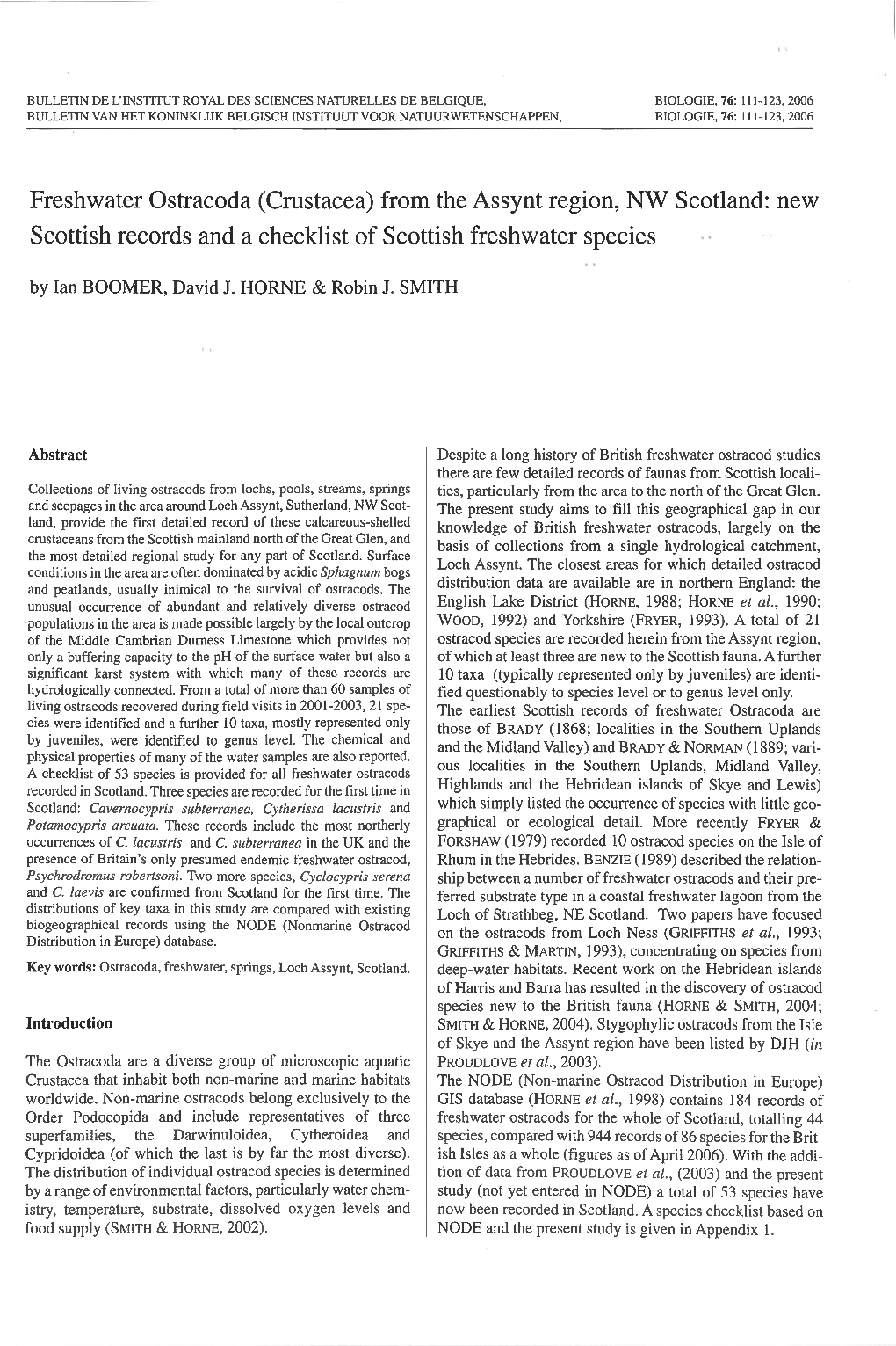 Freshwater Ostracoda (Crustacea) from the Assynt Region, NW Scotland: New Scottish Records and a Checklist of Scottish Freshwater Species