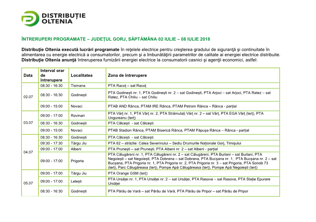 Întreruperi Programate – Judeţul Gorj, Săptămâna 02 Iulie – 08 Iulie 2018