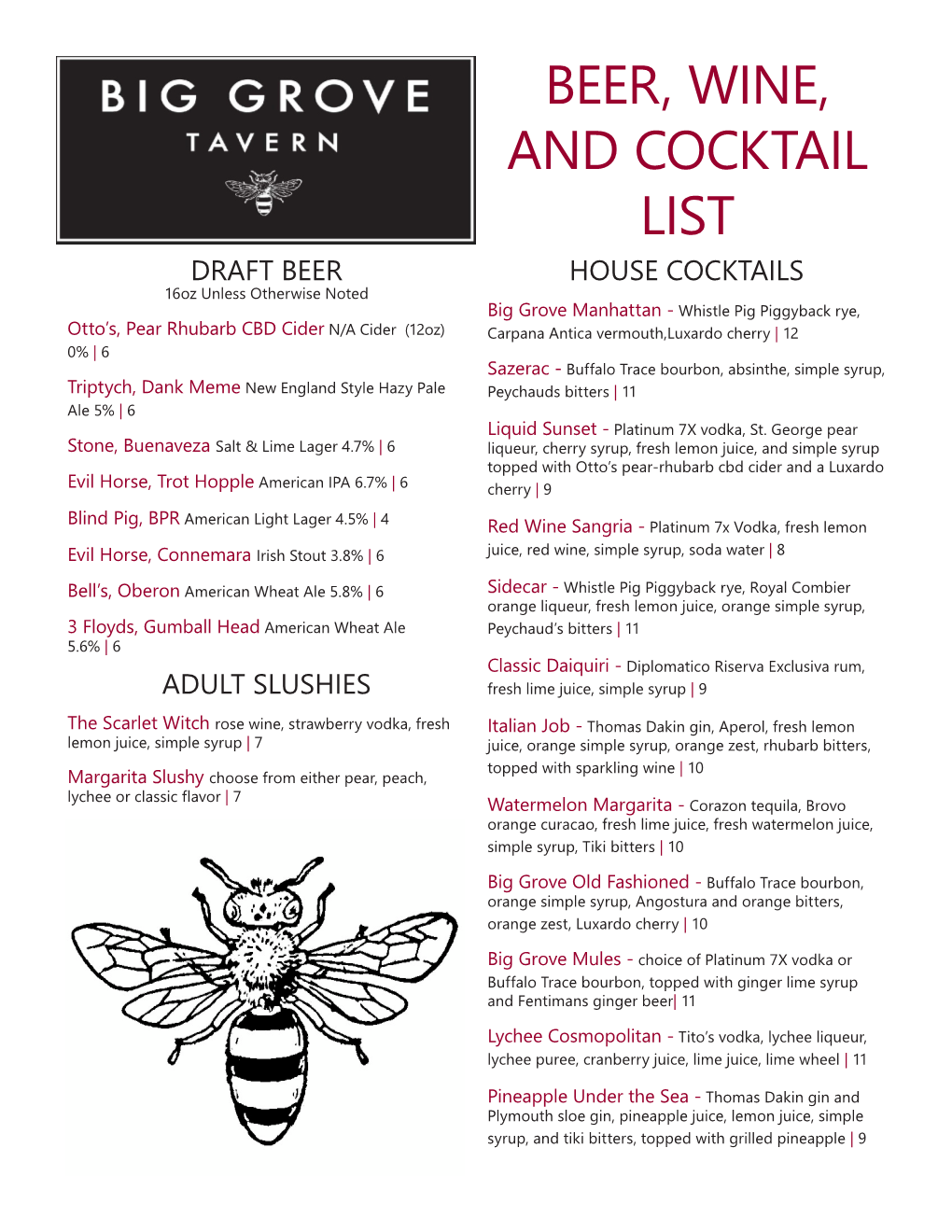 Beer, Wine, and Cocktail List