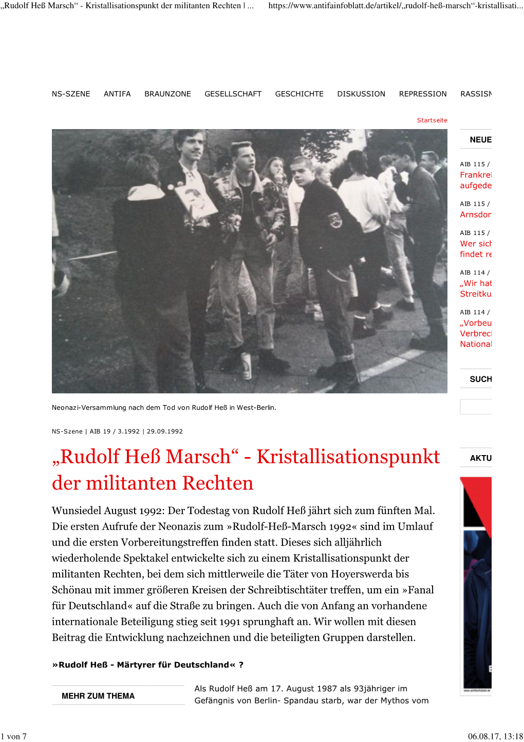 „Rudolf Heß Marsch“ - Kristallisationspunkt Der Militanten Rechten |