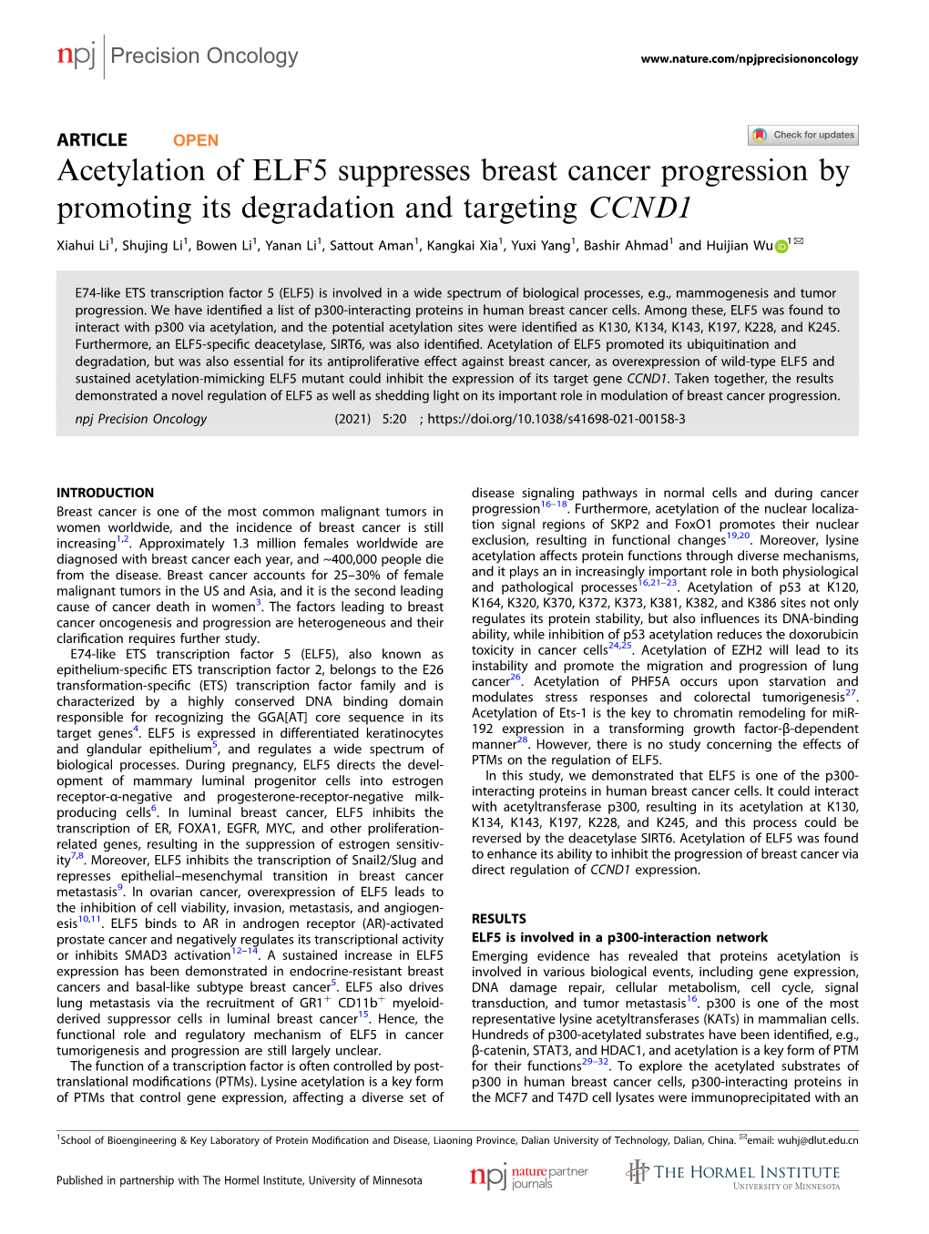 Acetylation of ELF5 Suppresses Breast Cancer Progression by Promoting Its Degradation and Targeting CCND1