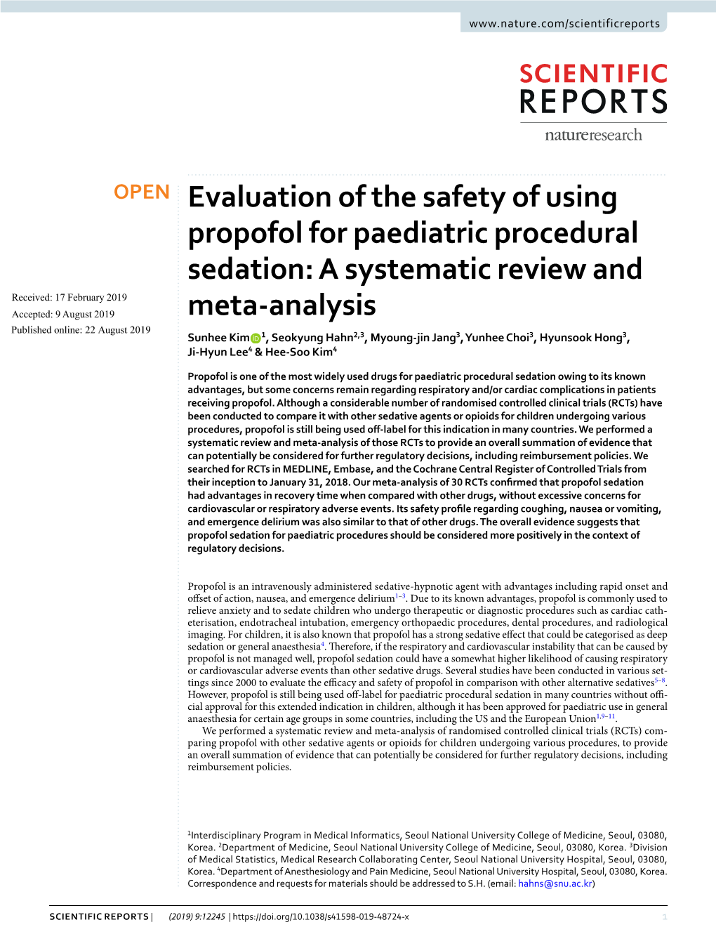 Evaluation of the Safety of Using Propofol for Paediatric