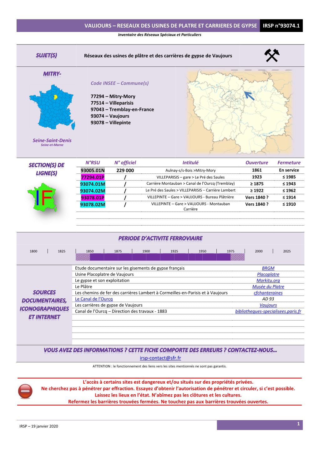 VAUJOURS – RESEAUX DES USINES DE PLATRE ET CARRIERES DE GYPSE IRSP N°93074.1 Inventaire Des Réseaux Spéciaux Et Particuliers