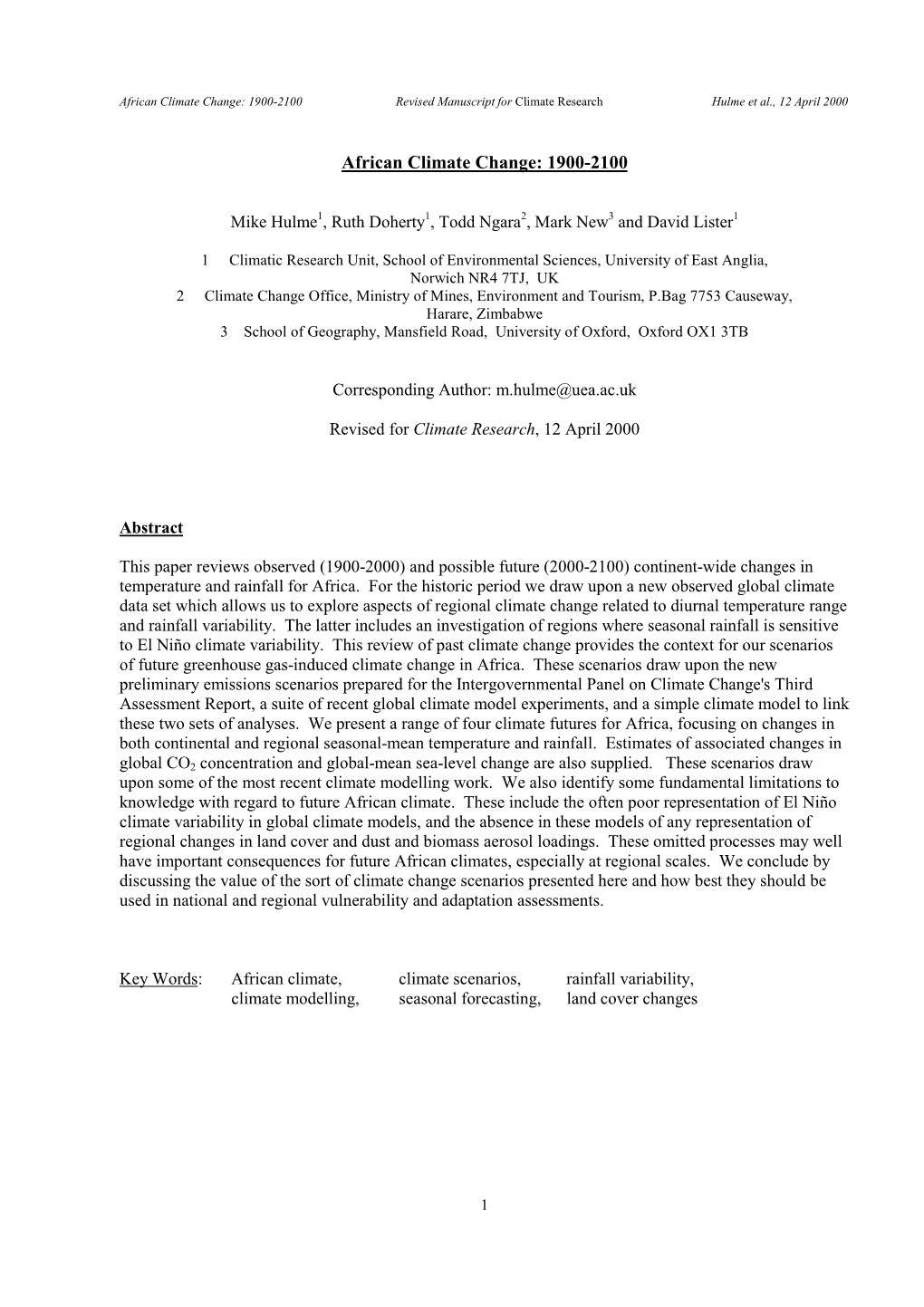 African Climate Change: 1900-2100 Revised Manuscript for Climate Research Hulme Et Al., 12 April 2000