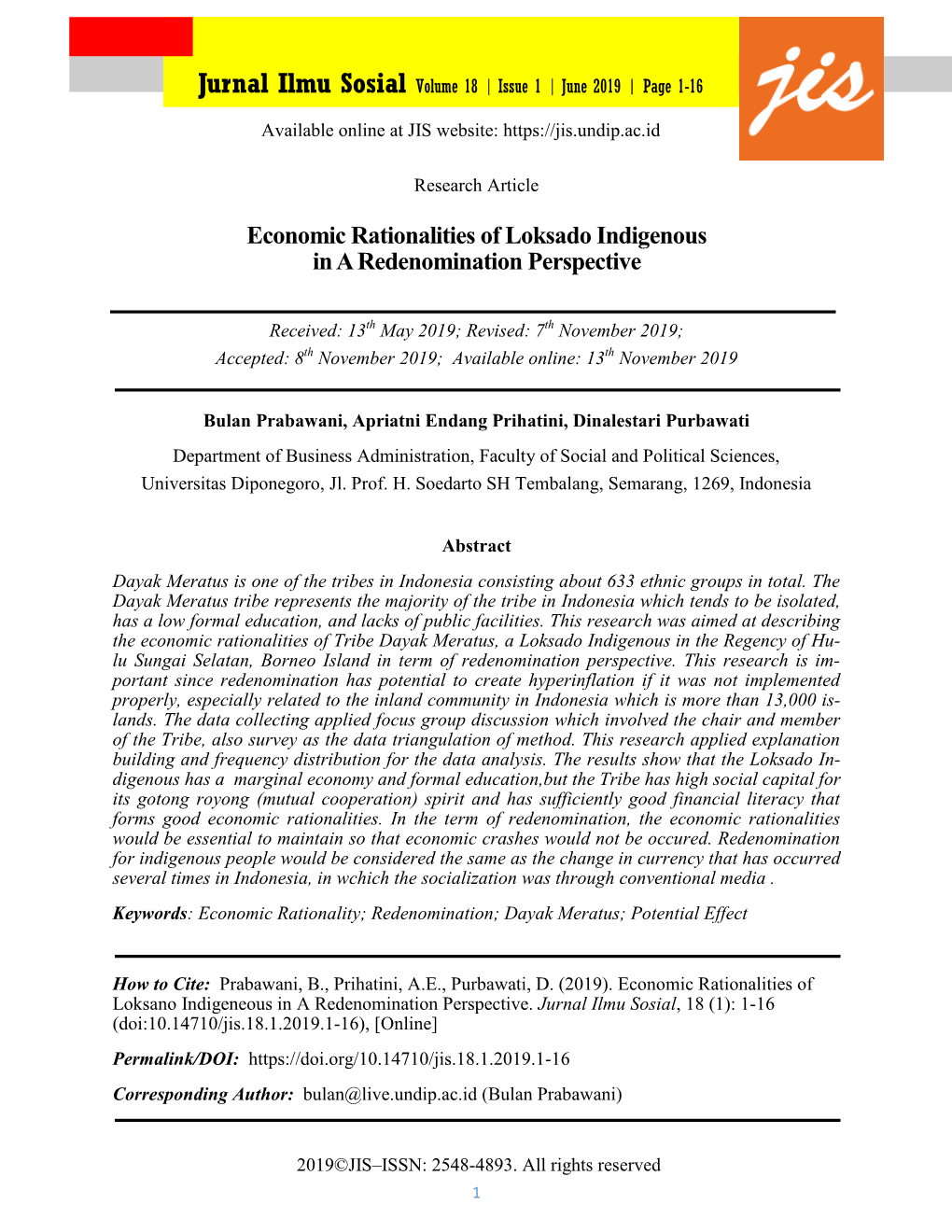 Economic Rationalities of Loksado Indigenous in a Redenomination Perspective