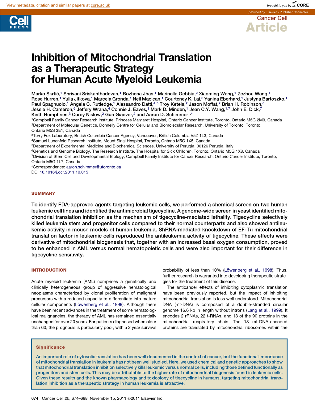 Inhibition of Mitochondrial Translation As a Therapeutic Strategy