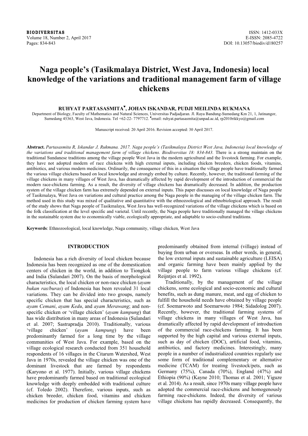 Tasikmalaya District, West Java, Indonesia) Local Knowledge of the Variations and Traditional Management Farm of Village Chickens