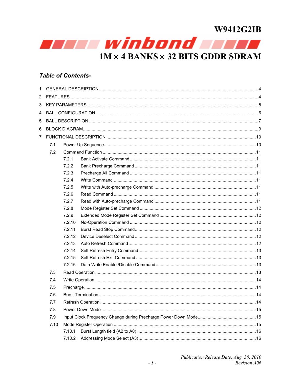 W9412g2ib 1M × 4 Banks × 32 Bits Gddr Sdram