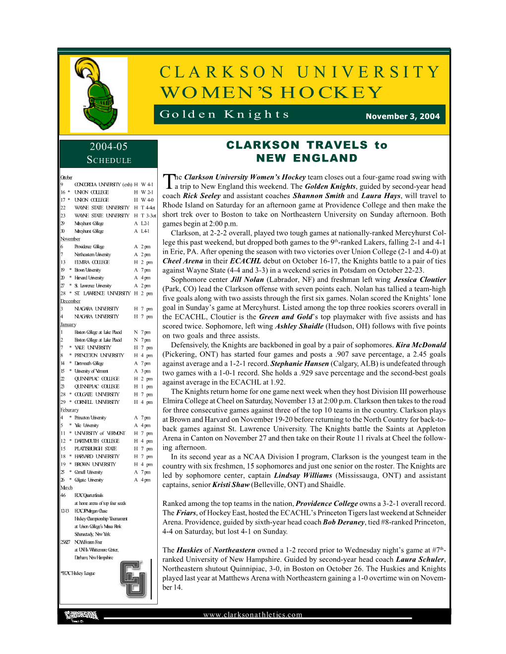 CLARKSON UNIVERSITY WOMEN's HOCKEY Game-By-Game Statistics