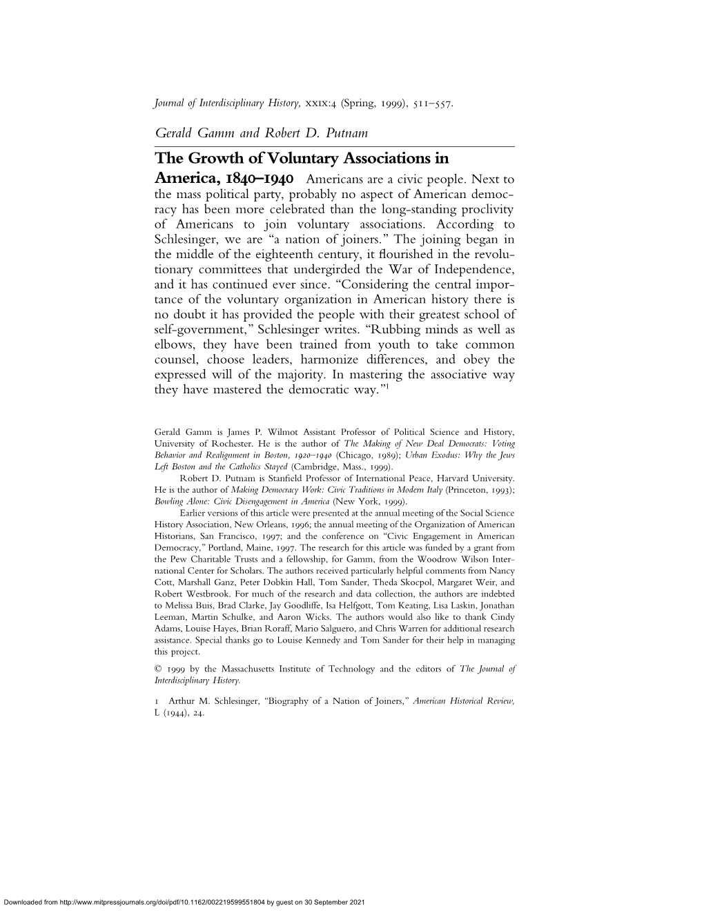 The Growth of Voluntary Associations in America, 1840–1940 Americans Are a Civic People