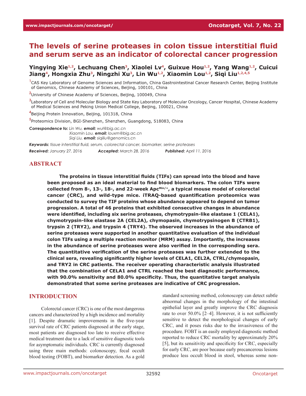 The Levels of Serine Proteases in Colon Tissue Interstitial Fluid and Serum Serve As an Indicator of Colorectal Cancer Progression