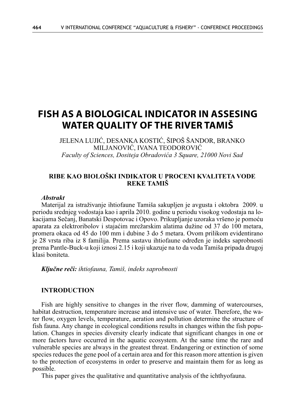 FISH As a Biological Indicator in Assesing Water Quality of the River Tamiš